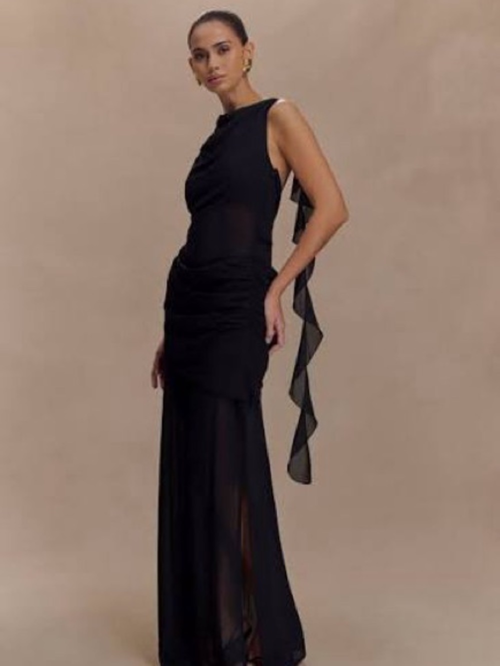 Meshki Black One-Shoulder Draped Evening Gown
